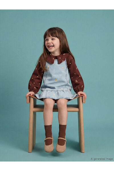 LC Waikiki Square Collar Embroidered Girl's Jean Salopet Dress