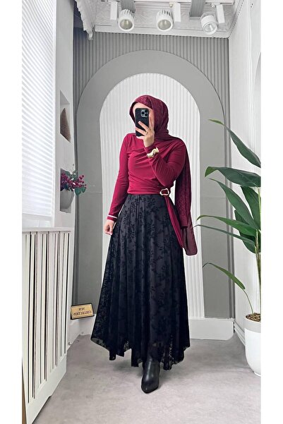 AL&SU BUTİK Γυναικεία μαύρη μακριά φούστα με σχέδιο γκουπέρ και κοψίματα καμπάνα