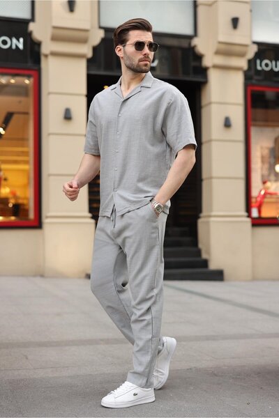 Madmext Painted Gray over Fit Men's Shirt Set E7303