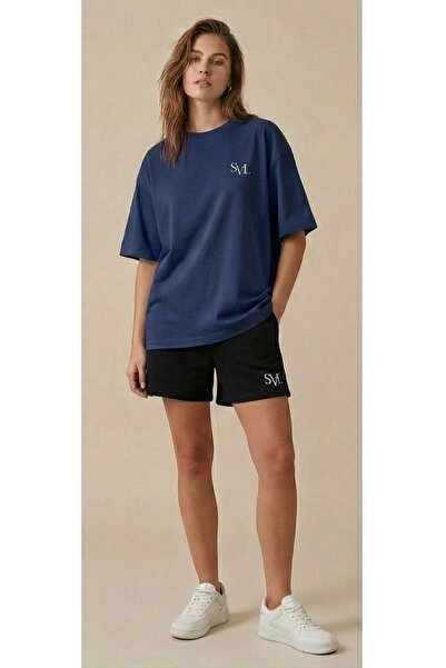 EFFRENATU Lıvo Oversized T-Shirt Shorts Set Embroidered Cotton Piece Comforta...