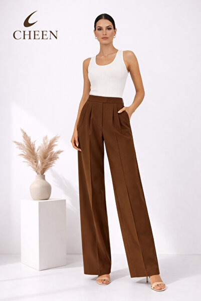 cheen بنطلون نسائي بني من قماش بالازو مع تفاصيل إغلاق بالشريط اللاصق قماش غبردين