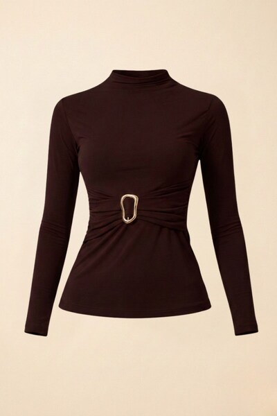 Potenza Women's Blouse Long Sleeve Waist Gold Buckle Detail Sandy Fabric Stre...