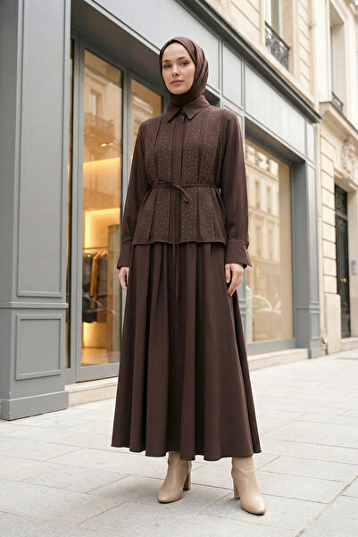 MODAQU Tunic Skirt with Stones on the Front and Waist Tie, Modal Set, Brown