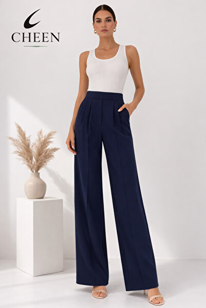 cheen بنطلون نسائي من القماش باللون الأزرق الداكن من Palazzo بقفل فيلكرو قماش...