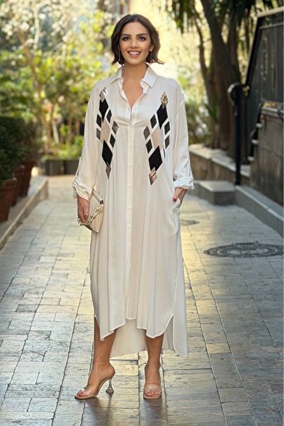 Nevin Kaya Moda Bela kragna sa dijamantnim šljokicama Košulja-haljina