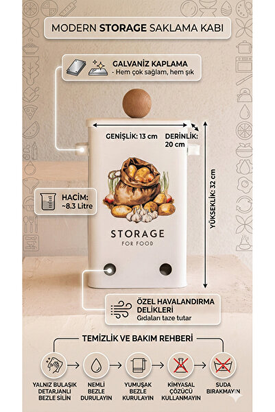 The Mia Galvaniz Kaplamalı Storage Patates Soğan Saklama Kabı 13x20x32 cm