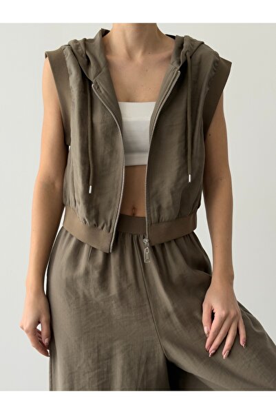 Quzu Hooded Zipper Cropped Vest Khaki