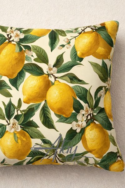 Atay Home Lemon Patterned Decorative Throw Pillow Cover Double-Sided 43X43 cm – Natural Citrus Design Sofa Cushion Cover