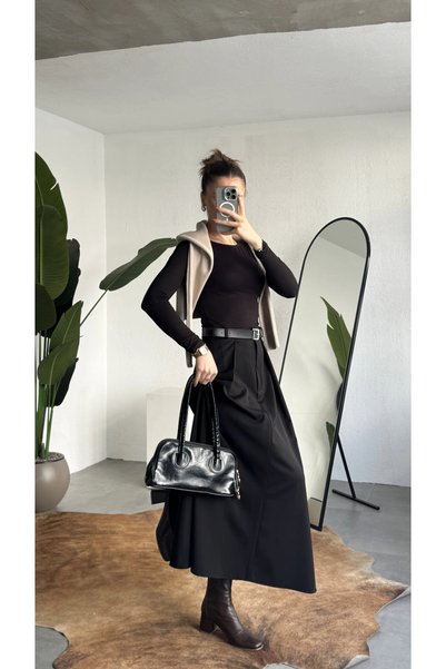 asfamoda Women's Black Maxi Size Belt Long Skirt Women's High Waist Pleated