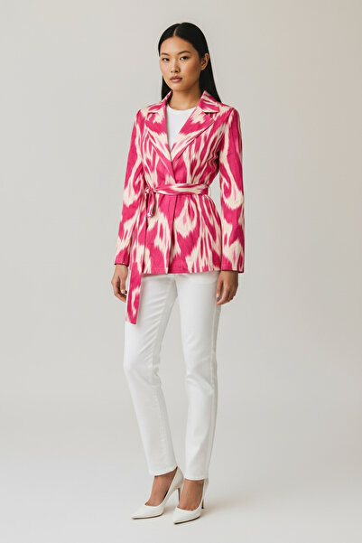 HN Loom Rose İkat Kuşaklı Düğmeli Kadın Ceket - El Dokuma %100 Pamuk