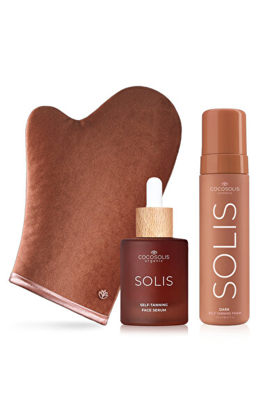 Cocosolis Set SPUMĂ AUTOBRONZANTĂ SOLIS DARK + SER PENTRU FAȚĂ + MĂNUȘĂ AUTOB...