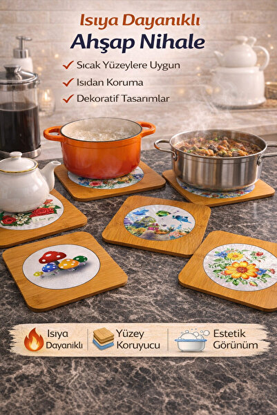 BMHOUSE 3’lü Ahşap Nihale Isıya Dayanıklı Tencere Tava Altlığı Dekoratif Niha...