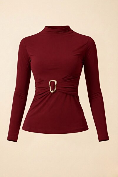 Potenza Women's Blouse Long Sleeve Waist Gold Buckle Detail Sandy Fabric Stre...