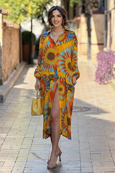 Nevin Kaya Moda Culoare Galbenă cu imprimeu etnic rochie tip cămașă - G1
