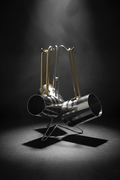 Saatistan Paslanmaz Çelik Gold Kulp Detaylı Desenli Cezve Takımı Standlı