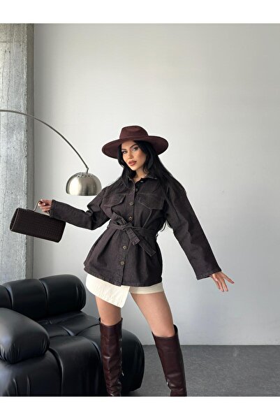 AREF JEANS Anthracite Brown Belted Denim Jacket - Safari Model Jean Jacket