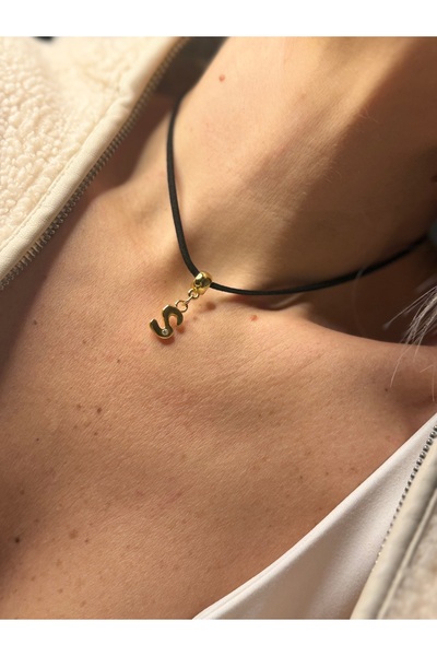 Rossetto Atelier Black Leather Blanky Necklace with Gold Stone Letter S