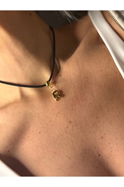 Rossetto Atelier Black Leather Blanky Necklace with Gold Stone Letter R
