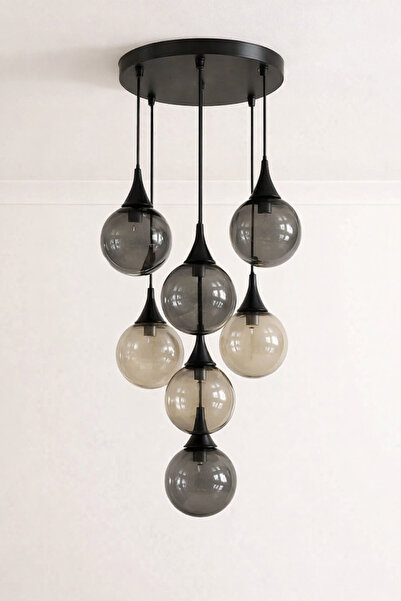 akyzlighting 7'li Glop Cam Sarkıt Siyah Avize