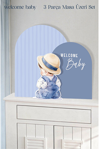 neşeli günlerim Mavi Çizgili Şapkalı Welcome Baby Erkek Bebek 3 Parça Masa Üz...