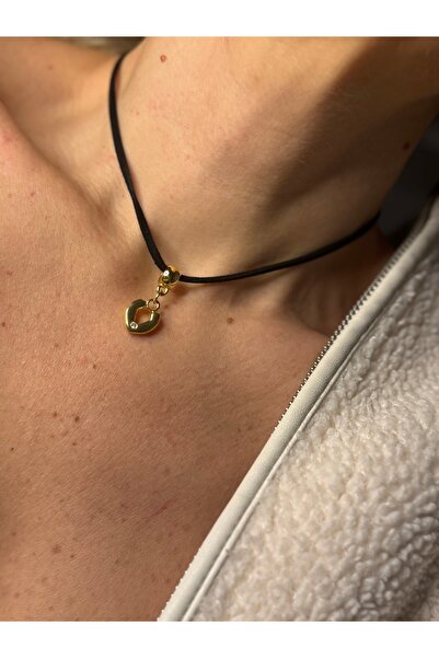 Rossetto Atelier Black Leather Blanky Necklace with Gold Stone Letter V