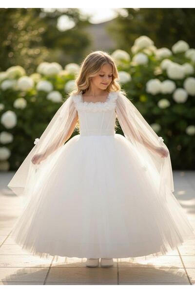 moona kids 4-10 Yaş Kız Çocuk Kolları Tül Çiçekli Abiye