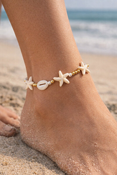 Home Bohemian Starfish & Oyster Detailed Anklet (20 cm) – Pearl and Gold Beaded
