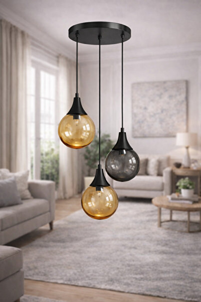 akyzlighting 3'lü Glop Cam Sarkıt Siyah Avize