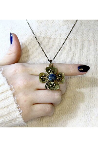 esha Natural Stone Lapis Natural Stone Clover Model Authentic Women's Necklac...