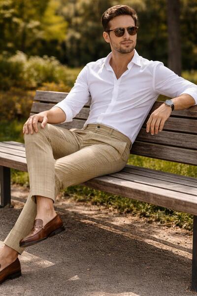 ASP Erkek Kareli Krem Pantolon