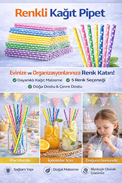 BMHOUSE 5X10 Renkli Kağıt Pipet 5’li Set Parti Pipeti Doğum Günü İçecek Pipet...