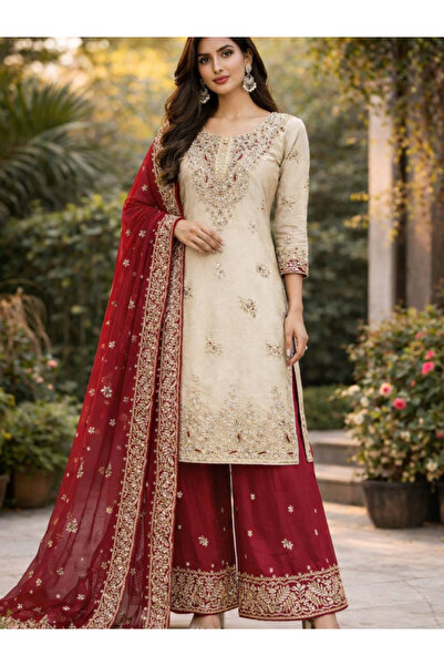 MYSMAR طقم أبيض من حرير مكون من بلوزة وبنطال وشال - FFT6359 | أبيض