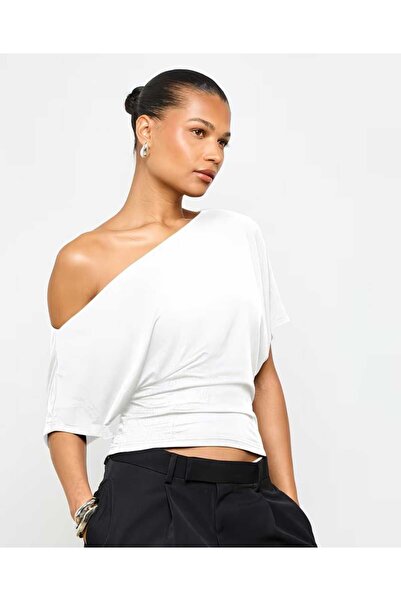 vanilkie Women's Fitted Waist Boat Neck Asymmetrical Cut Short Sleeve Blouse