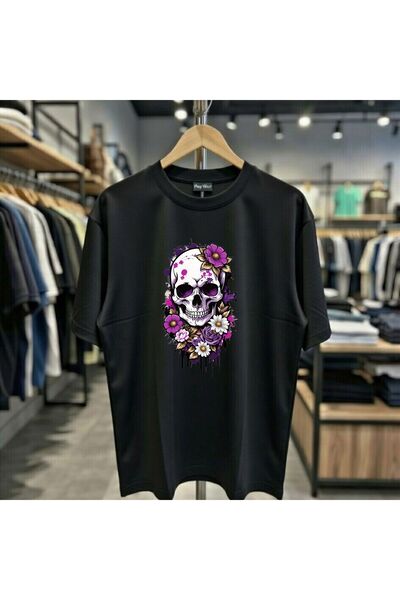 playwear Μωβ μπλουζάκι με στάμπα λουλουδιών κρανίου, 100% βαμβάκι, oversized,...