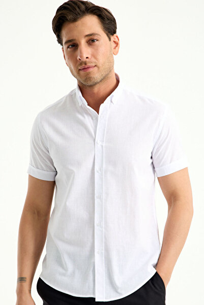 MissThetis Slim Fit Kesim Kısa Kollu Düğme Kapamalı Pamuklu Keten Dokuma Göml...
