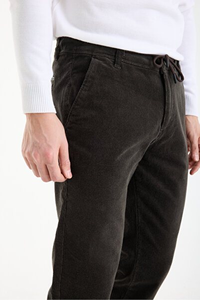 muzzo jeans Beli Lastikli Pamuklu Koyu Haki Kadife Pantolon