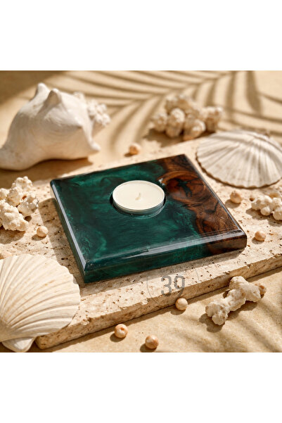 Classic Ceviz & Epoksi Mumluk – El Yapımı Tealight Mumluk – 12x12 cm Tasarım Dekoratif Mumluk
