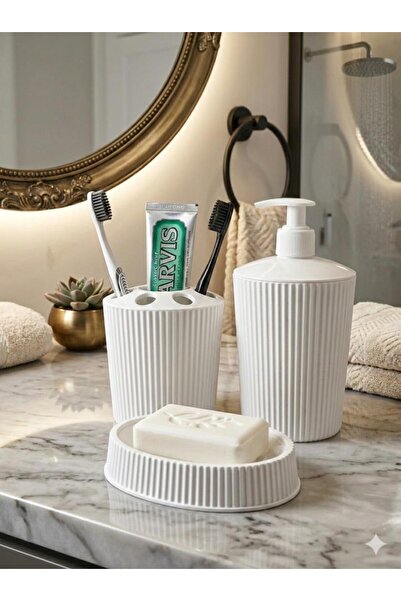 abnturk 3'lü Beyaz Banyo seti, Porselen Görünümlü Plastik Sıvı / Katı Sabunlu...