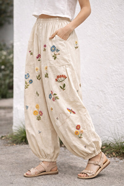 Nulivez Women's Beige Floral Print Shalwar Trousers – Bohemian Style, Relaxed...