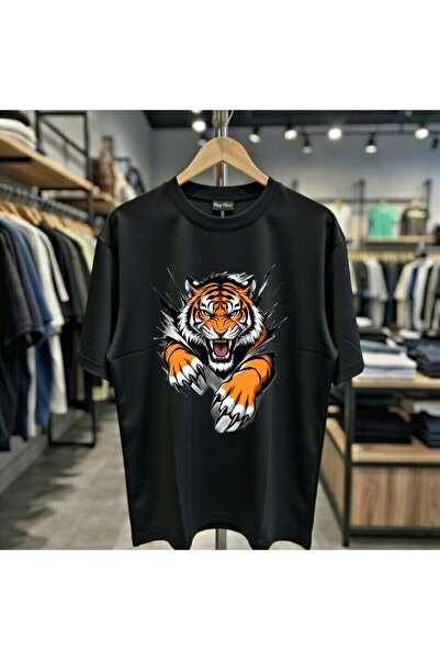 playwear تي شيرت Hırçın Kaplan مطبوع 100% قطن كبير الحجم وفضفاض ومقاس عادي وي...
