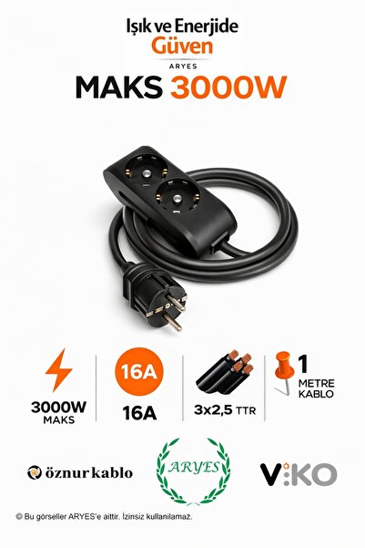 Aryes 2li Priz Uzatma Kablosu 1m 3x2.5 TTR Öznur Tam Bakır Kablo Siyah Güçlü ...