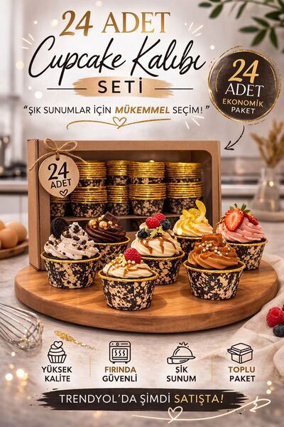 KEA 24’lü Lüks Gold İç Kaplama Muffin Kalıbı Siyah Gold Cupcake Kapsülü Fırın...