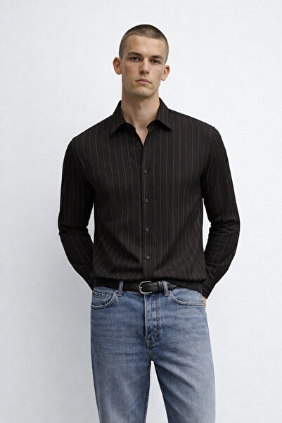DAMGA JEANS Men's Striped Long Sleeve Black Stretchy Shirt