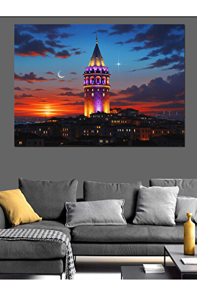 karizmart Gece Işıkları Altında Galata Kulesi Dekoratif Kanvas - Mdf Ahşap Tablo