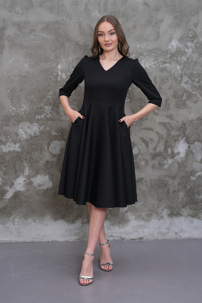 MAG FASHİON Plus Size Dress Black V-Neck Pocketed Three Quarter Sleeve Midi S...