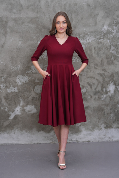 MAG FASHİON Φόρεμα μπορντό με λαιμόκοψη V, τσέπες και μανίκια τριών τετάρτων,...