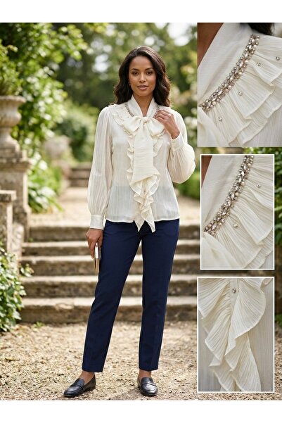 Rabiossa Women's Stone Collar Embroidered Detailed Shirt