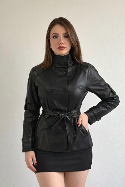 gm giyimarket New Season Mock Neck Short Leather Trench Coat