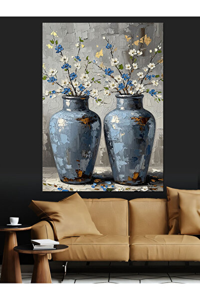karizmart Mavi Çiçekli Çini Desenli Vazolar Dekoratif Kanvas - Mdf Ahşap Tablo