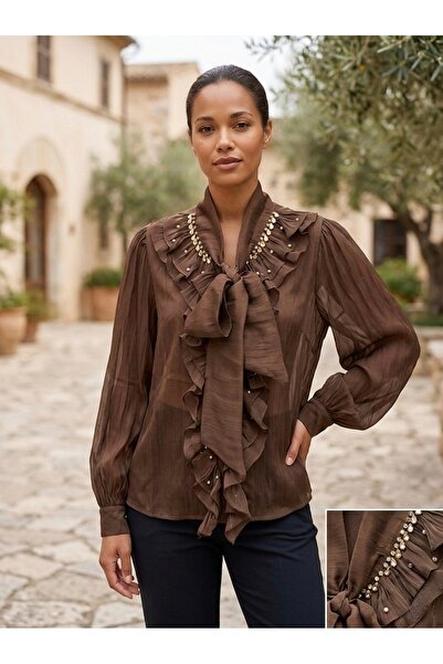 Rabiossa Women's Stone Collar Embroidered Detailed Shirt